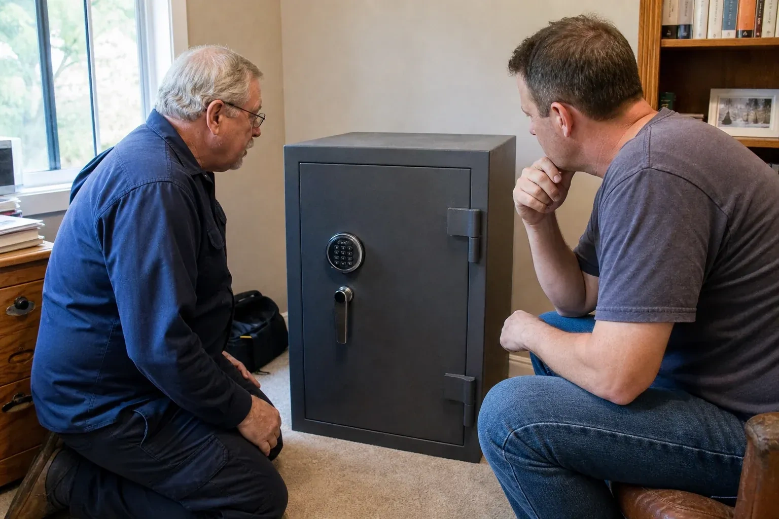 Two adults discussing a closed keypad safe in a home study. — Safe Opening & Combination Change, Peterborough