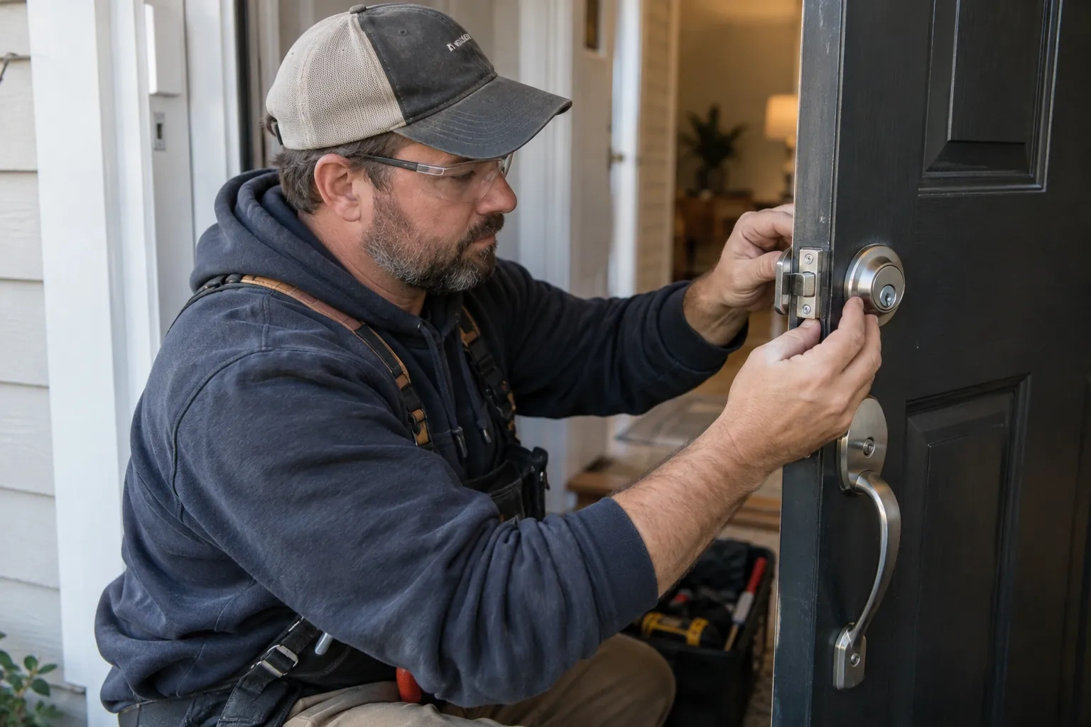 Technician in a cap and glasses holding a steel latch plate at the edge of a black door beside a deadbolt. — Westmount
