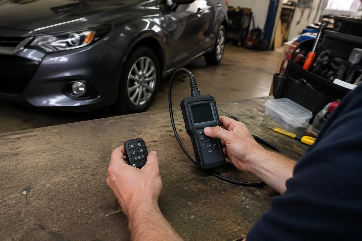 Hands holding a car-key fob and a small wired electronic device above a workbench in a garage with a parked car. — Key Fob Programming, Peterborough
