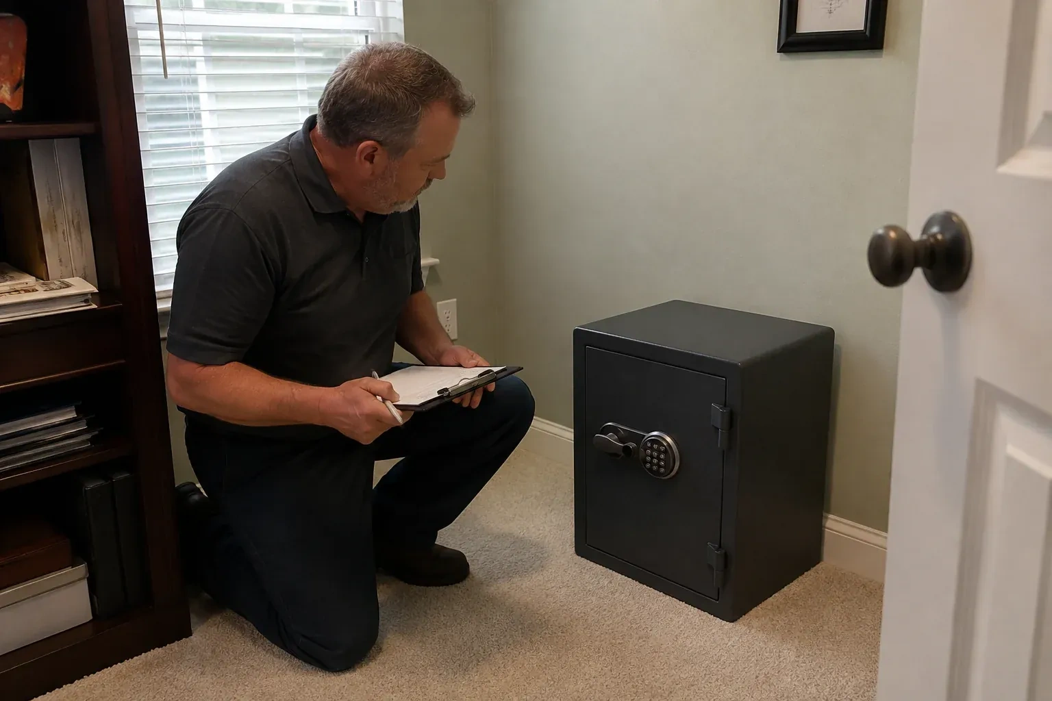 Person holding a clipboard beside a closed black safe with a circular keypad in a carpeted room. — Safe Installation & Servicing, Peterborough