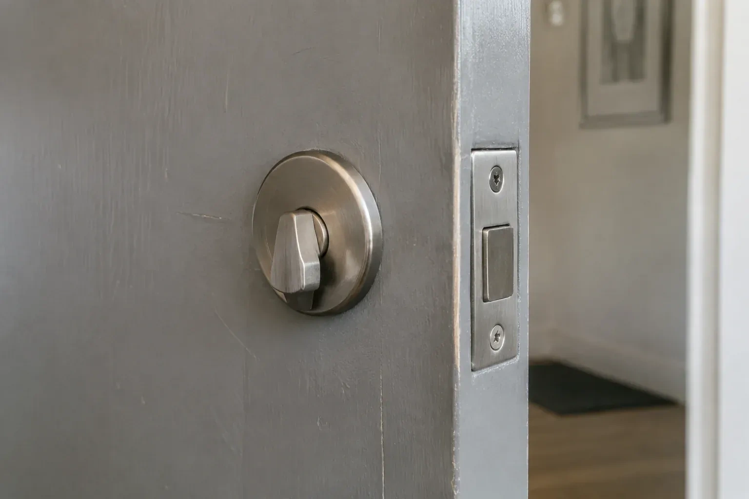 Close view of a satin-nickel deadbolt thumbturn and edge faceplate on a painted timber door. — Deadbolt Installation, Peterborough