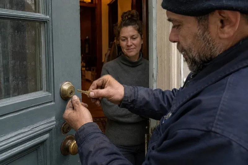Person holding a key beside a brass-colored deadbolt on an open painted door while another person watches from inside. — Home Lockout Service, Peterborough