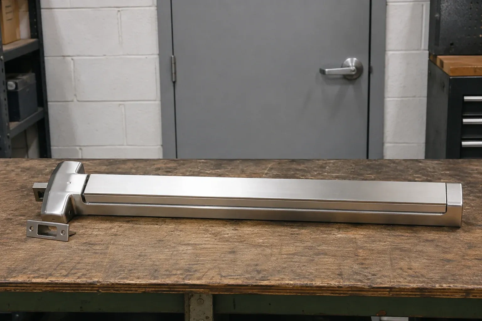 Detached horizontal exit device and separate strike component on a workshop bench. — Panic & Exit Hardware, Peterborough