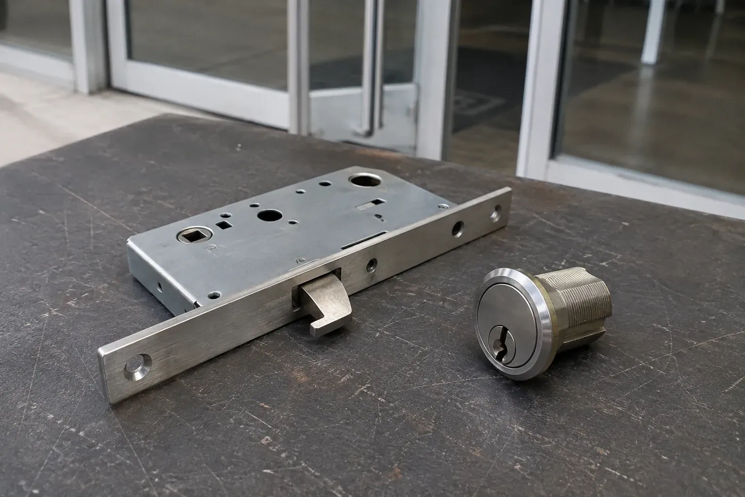 Detached mortise lock body with a projecting hook-shaped bolt beside a threaded cylinder. — Commercial-Grade Lock Replacement, Peterborough