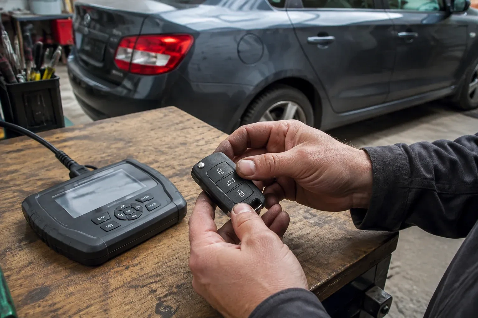 Hands holding a black car key fob above a workbench, beside a wired handheld device with a screen. — Car Key Replacement, Peterborough