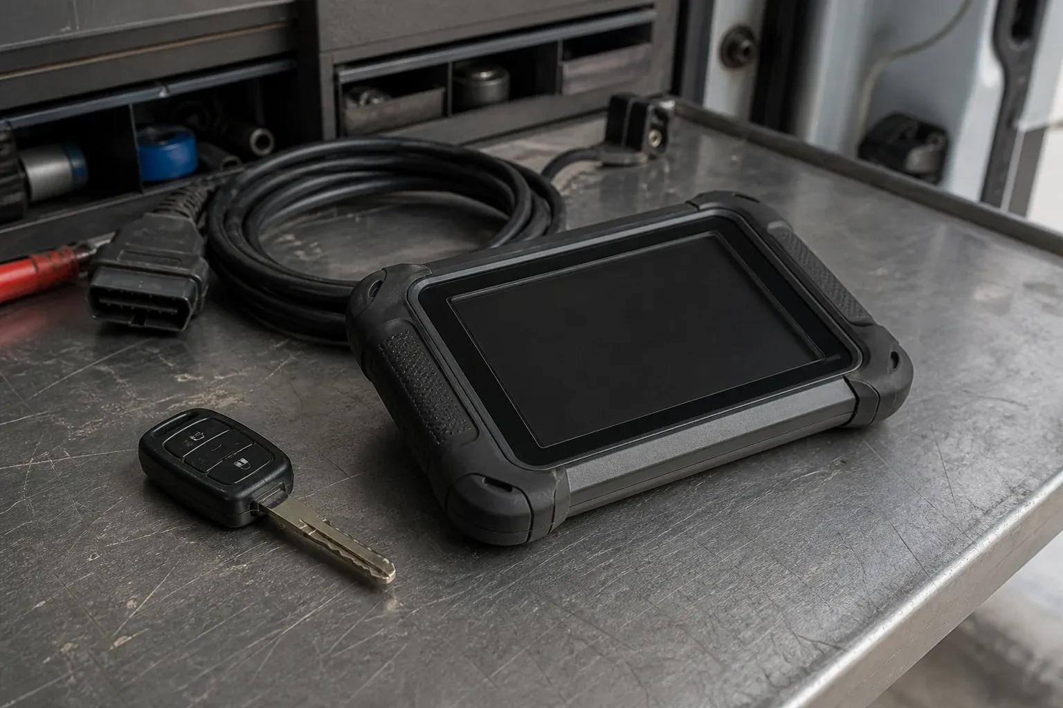 Vehicle key beside a dark diagnostic tablet and coiled connector cable on a workbench. — Transponder Key Programming, Peterborough