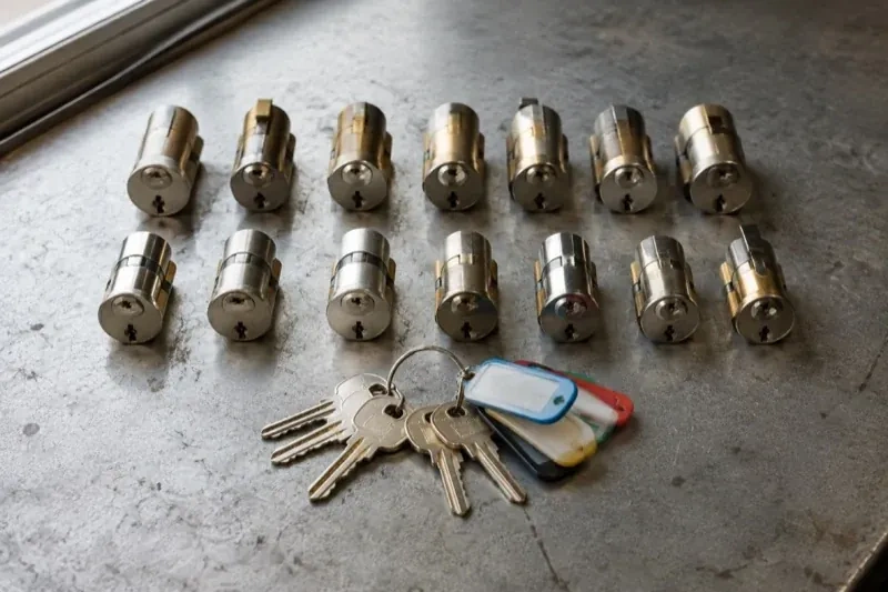 Two rows of lock cylinders on a metal surface with keys and colored key tags in front. — Master Key System Design, Peterborough