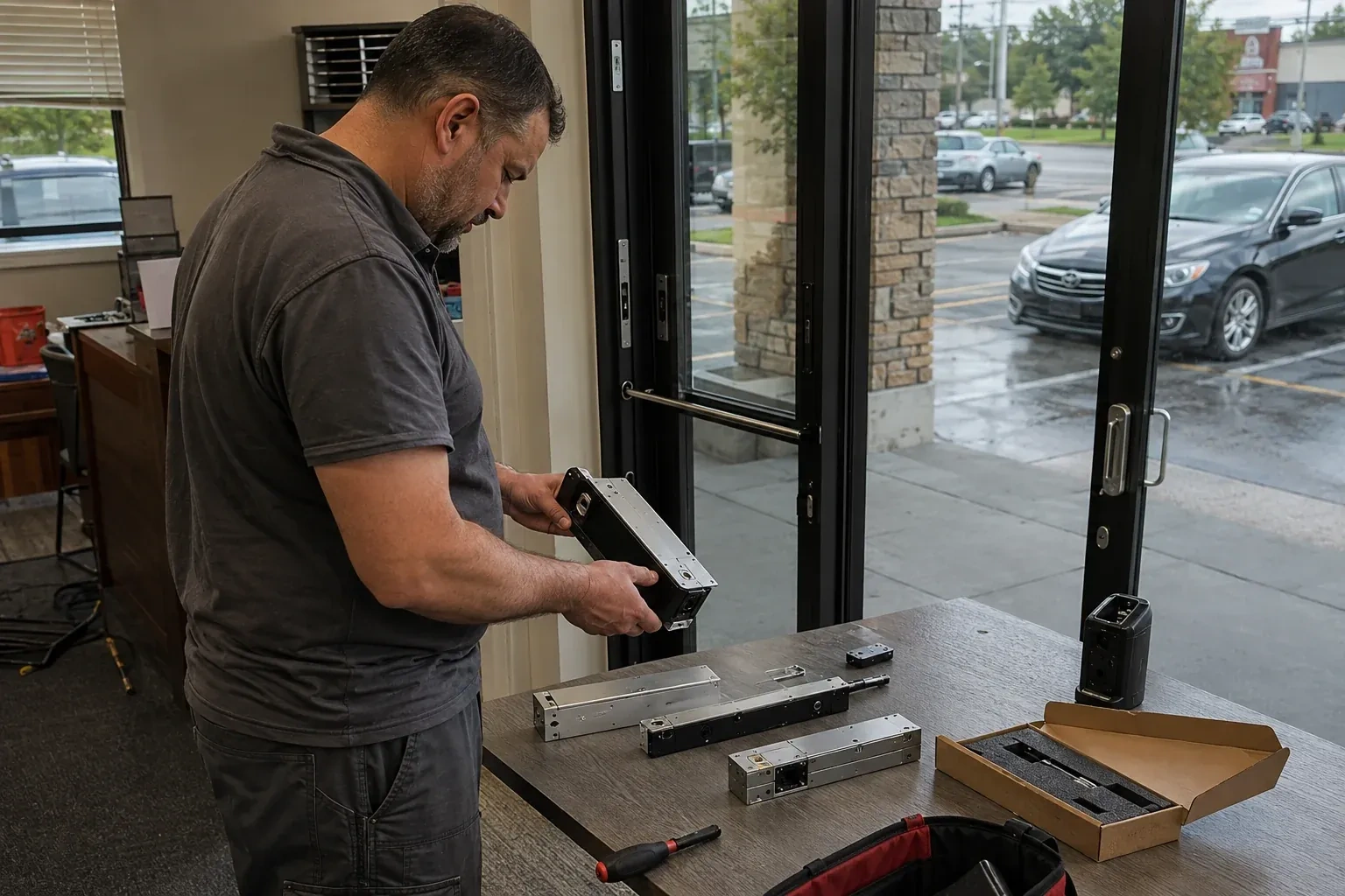 Person holding a rectangular door-hardware housing at a table with additional metal assemblies beside a glass entrance. — Access Control Installation, Peterborough