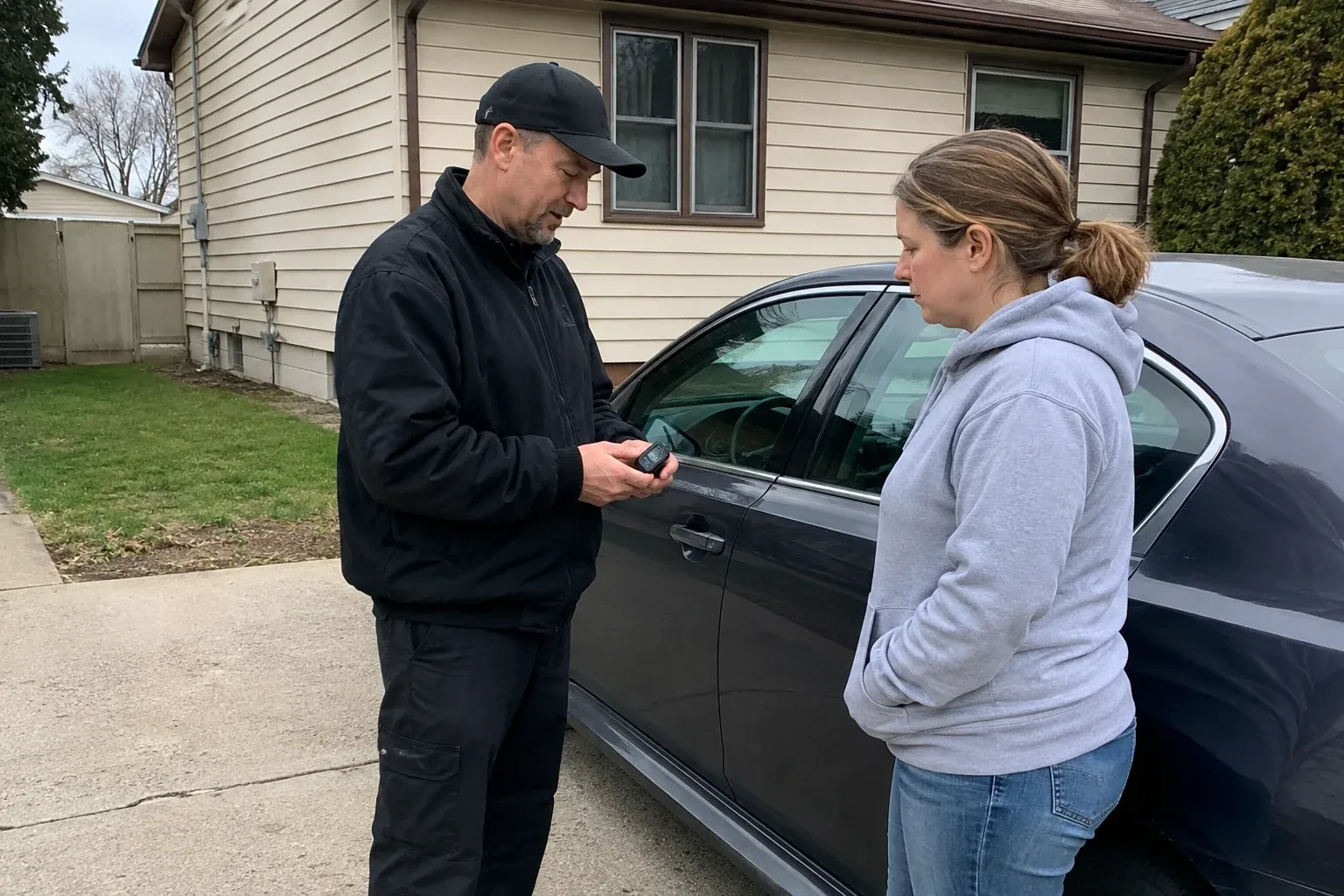 Two people standing beside a parked sedan, one wearing a cap and holding a small black device. — Vehicle Lock Repair, Peterborough