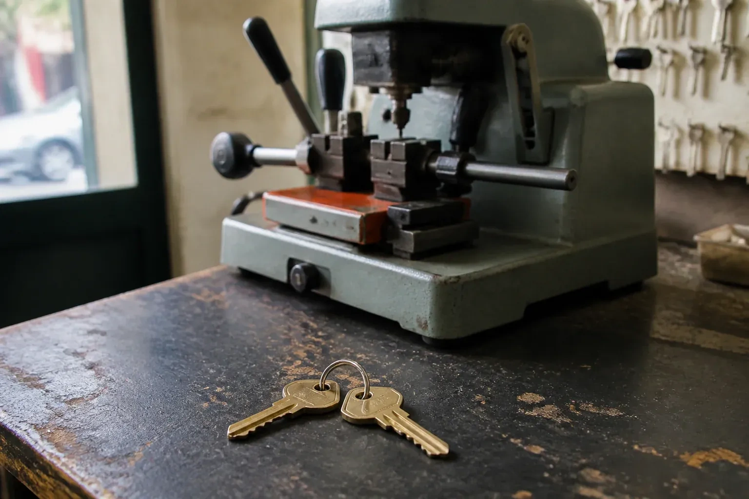Two brass house keys on a ring resting on a workshop counter. — Spare Car Key Duplication, Peterborough
