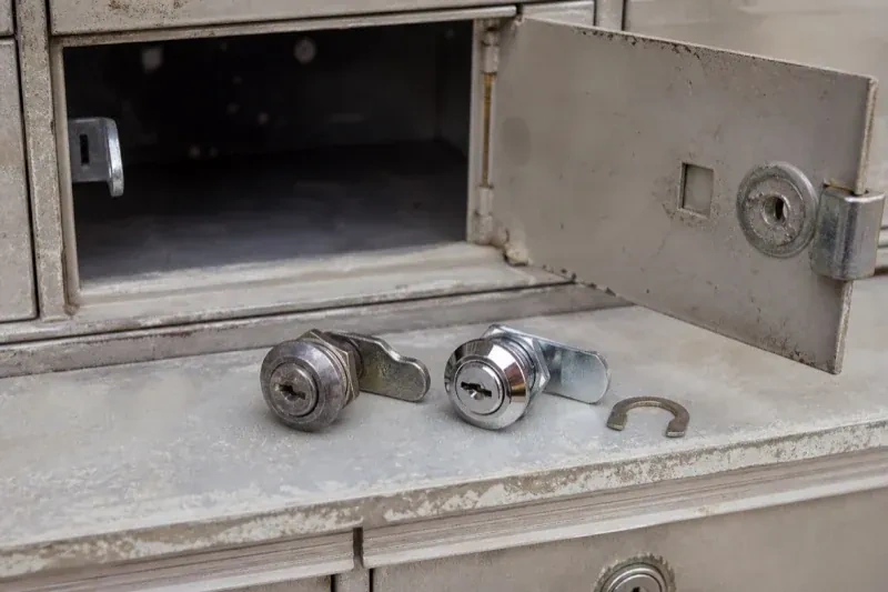 Two loose cam locks and a retaining clip resting below an open metal mailbox compartment. — Mailbox Lock Replacement, Peterborough
