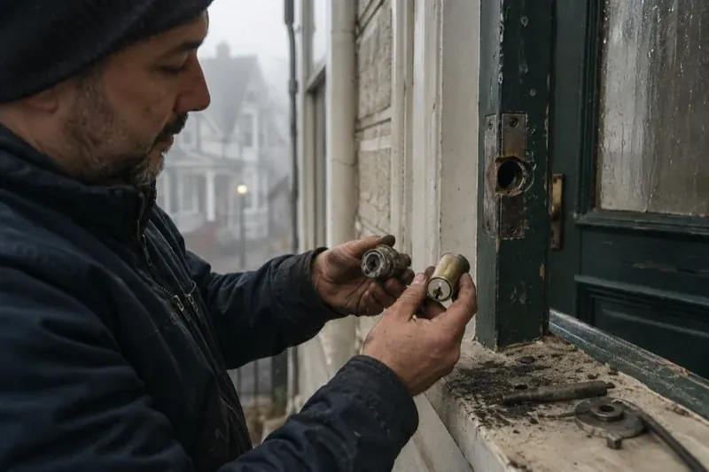 Person holding two lock cylinders beside an open painted door, with loose hardware and debris on the sill. — Seized & Jammed Lock Opening, Peterborough