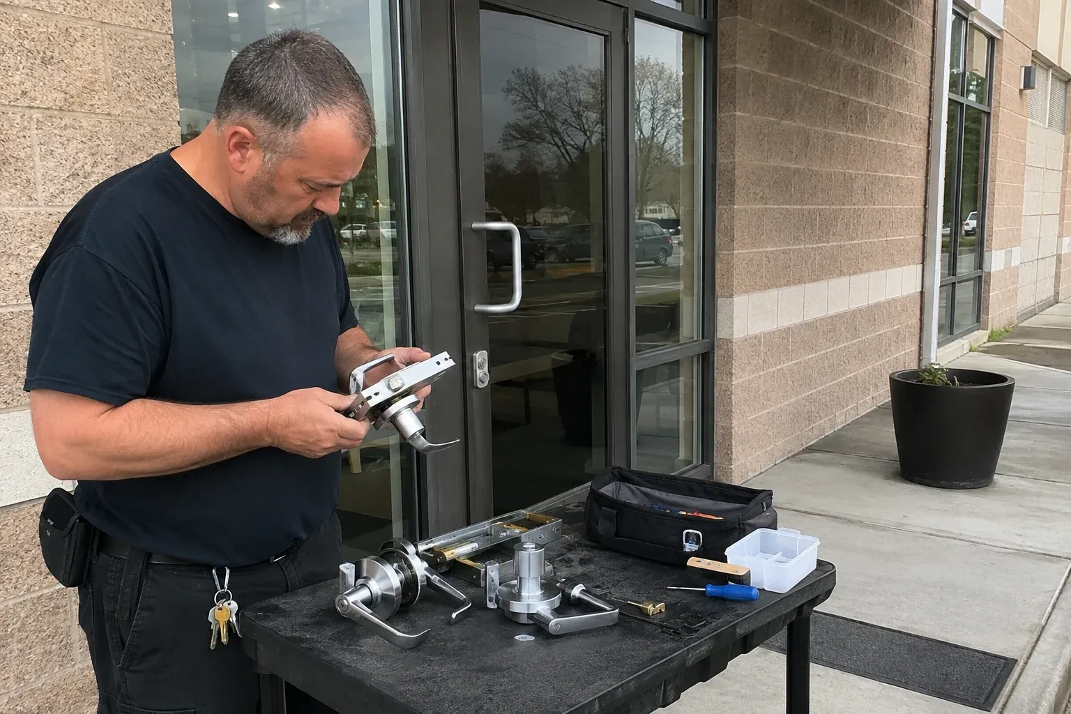 Person holding a door-handle and latch assembly at a worktable outside a glass entrance, with additional handles and tools laid out. — Commercial Rekeying, Peterborough
