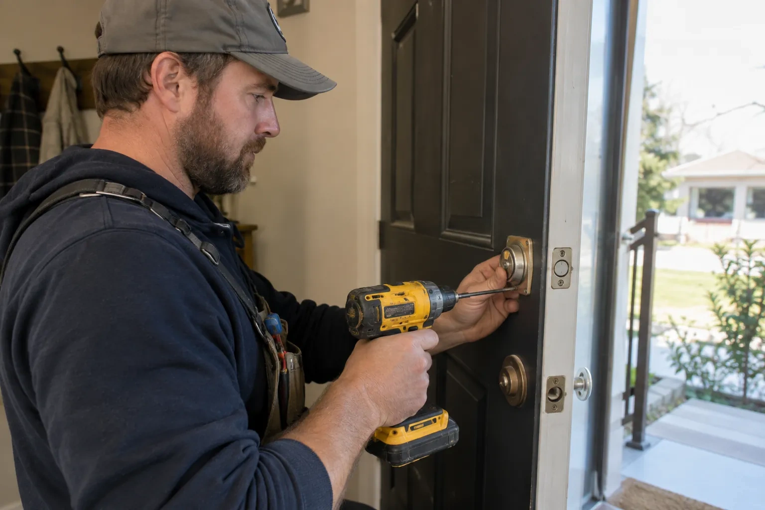 Technician with a yellow cordless drill and thin screwdriver bit fastening a brass-colored lock plate on a dark paneled front door. — Greenhill